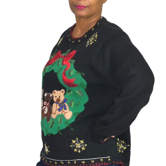 Ugly Christmas Sweater Vintage Teddy Bear Wreath Embroidery Knit Holiday Size XL - Picture 6 of 16